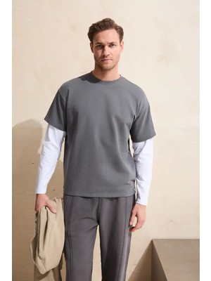 Grimelange DAVIDACO Erkek Uzun Kol Detaylı Organik Pamuklu Bisiklet Yaka Regular Antrasit T-Shirt