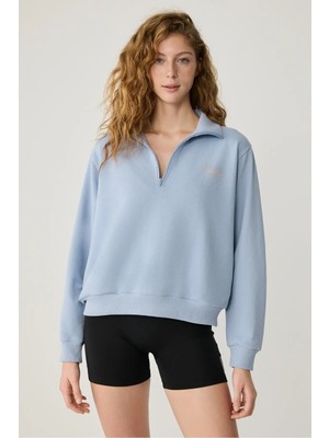 Urban Beat ARUNA Urbanbeat Kadın Dik Yakalı Fermuarlı Baskı Detaylı Relaxed Açık Mavi Sweatshirt