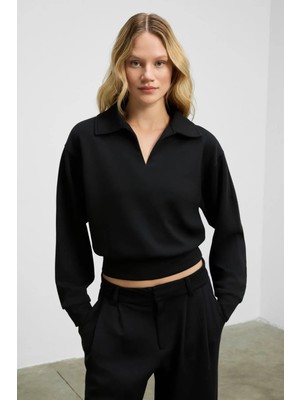 Grimelange REGNO Kadın Gömlek Yaka Kol Ve Etek Ucu Manşetli Uzun Kollu Oversize Siyah Sweatshirt