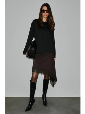 Grimelange Neat Kadın Organik Pamuklu Bisiklet Yaka Oversize Fit Uzun Kollu Siyah T-Shirt