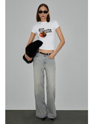 Grimelange Lumıvya Kadın Organik Pamuklu Bisiklet Yaka Kısa Kollu Baskılı Slim Fit Beyaz T-Shirt