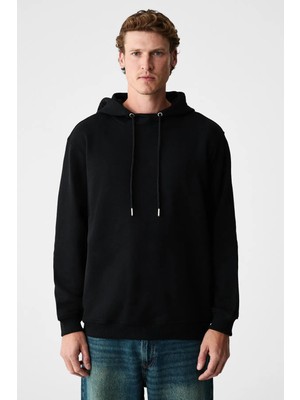 Grimelange ALESSIO Erkek %100 Pamuk Kapüşonlu Kordon Detaylı Oversize Fit Siyah Sweatshirt
