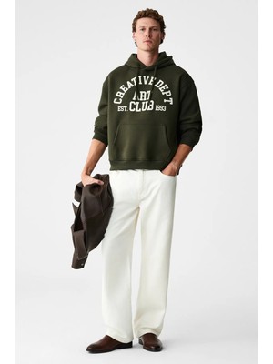 Grimelange CASSIAN Erkek Önü Kabaran Baskılı Kapüşonlu Kordonlu Kanguru Cepli Haki Sweatshirt