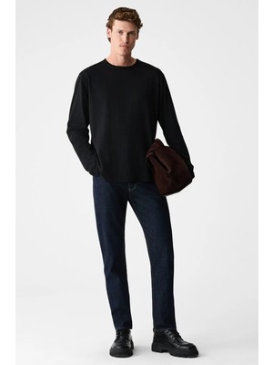 Grimelange Gravs Erkek %100 Pamuklu Yumuşak Kumaşlı Yuvarlak Yakalı Uzun Kollu Siyah T-Shirt