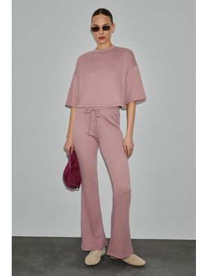 Grimelange PRIME Kadın Organik Pamuklu Bisiklet Yaka Kısa Kollu Oversize Crop Pembe T-Shirt