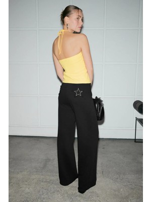 Grimelange LOVENTA Kadın Geniş Paçalı Regular Fit Taş Detaylı Siyah Eşofman Altı