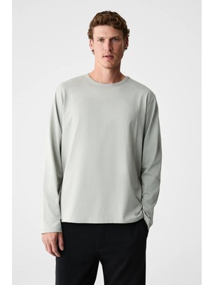 Grimelange Gravs Erkek %100 Pamuklu Yumuşak Kumaşlı Yuvarlak Yakalı Uzun Kollu Gri T-Shirt