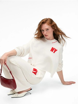 Grimelange DELYRA Kadın Bisiklet Yaka Rahat Kesim Nakış Detaylı Ekru Sweatshirt