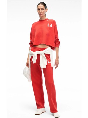 Grimelange AVENZA Kadın Nakış Detaylı Yanları Cepli Regular Geniş Paçalı Kırmızı Eşofman Altı