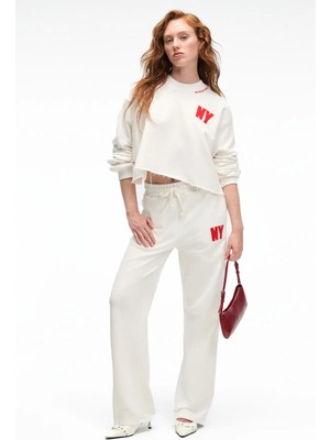 Grimelange AVENZA Kadın Nakış Detaylı Yanları Cepli Regular Geniş Paçalı Ekru Eşofman Altı