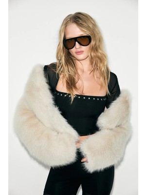 Grimelange ROJA Kadın Kare Yaka Yıldız Taş Detaylı Astarlı Uzun Kollu Transparan Tül Siyah Bluz