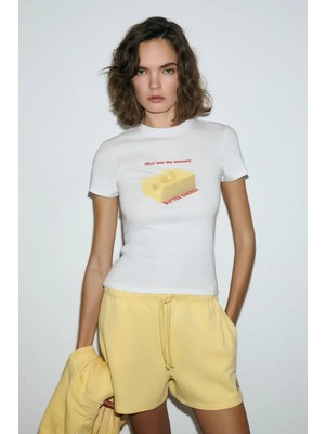 Grimelange IMPERIA Kadın Yumuşak Kumaşlı Organik Pamuklu Baskı Detaylı Beyaz T-Shirt