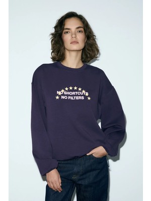 Grimelange MARIELA Kadın Yuvarlak Yaka Baskı Detaylı Oversıze Mor Sweatshirt