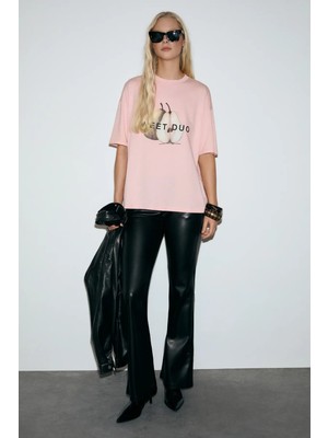 Grimelange ASTERIVE Kadın Organik Pamuklu Baskılı Bisiklet Yaka Oversıze Somon T-Shirt