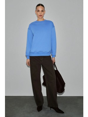 Grimelange VANELTINA Kadın Organik Pamuklu Yumuşacık İçi Polarlı Yuvarlak yakalı Mavi Sweatshirt