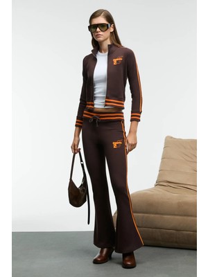 Grimelange TALYSSE Kadın Fermuarlı Dik Yakalı Etek Ucu Manşetli Trikolu Kahverengi Sweatshirt