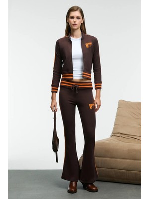 Grimelange MENTTAQUE Kadın Triko Kemerli Kontrast Biyeli Nakışlı Kahverengi Eşofman Altı