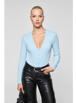 Grimelange RENAVE Kadın Uzun Kollu Esnek Kumaşlı Düğme Ve Çıtçıt Detaylı Mavi Bluz