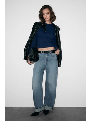 Grimelange COMINO Kadın Yuvarlak Yaka Vücuda Oturan Esnek Kumaşlı Slim Fit Lacivert Bluz