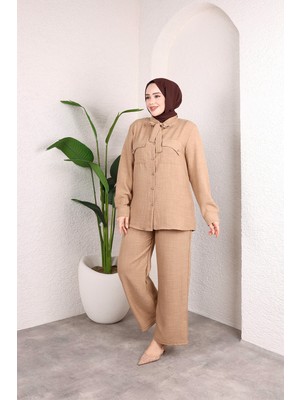 SFG Life Moda Kadın Çift Cepli Önü Bağlamalı Düğmeli Tunik Pantolon Tessetür Ikili Takım