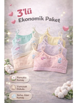 Qulat Dondeza Kız Çocuk Petli Büstiyer 3’lü Paket – Pamuklu Yumuşak Alıştırma Sütyeni