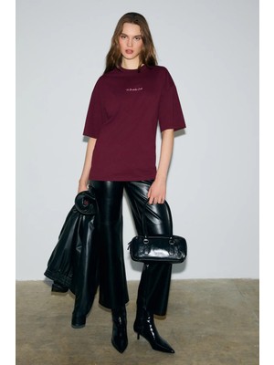 Grimelange KIVATO Kadın %100 Pamuk Yumuşak Kumaşlı Baskı Detaylı Bordo T-Shirt