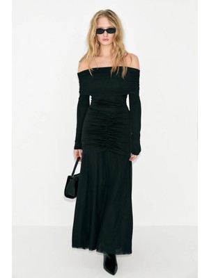 Grimelange Brıllante Kadın Omzu Açık Alt Etek Çift Katlı Mesh Detaylı Büzgülü Uzun Kollu Siyah Elbise