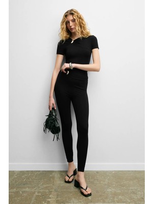 Grimelange Sısıly Kadın Yumuşak ve Esnek Kumaşlı  Toka Detaylı Slim Fit Siyah Tayt