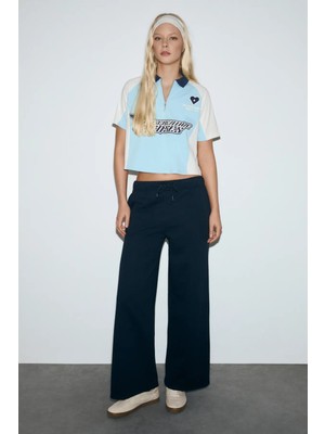 Grimelange LIBRATE Kadın Organik Pamuklu Baskı Detaylı Çift Cepli Oversıze Lacivert Eşofman Altı