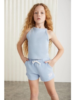 Grimelange AMARE-GRM24037 100% pamuk 3 iplik süs etiketli kız çocuk şort Mavi Şort