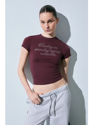 Grimelange VANYROSE Kadın Yumuşak Kumaşlı %100 Pamuk Taş Detaylı Slim Fit Bordo T-Shirt