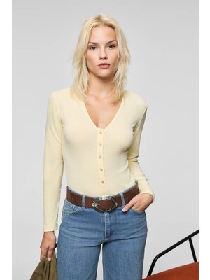 Grimelange RENAVE Kadın Uzun Kollu Esnek Kumaşlı Düğme Ve Çıtçıt Detaylı Sarı Bluz