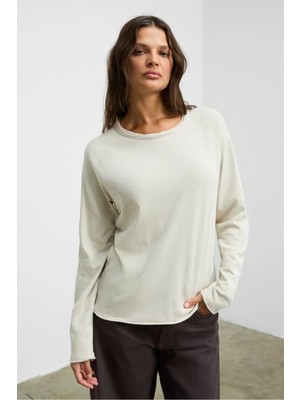 Grimelange ROGUEBEL Kadın Yumuşak Kumaşlı %100 Pamuk Regular Fit Uzun Kol Beyaz T-Shirt