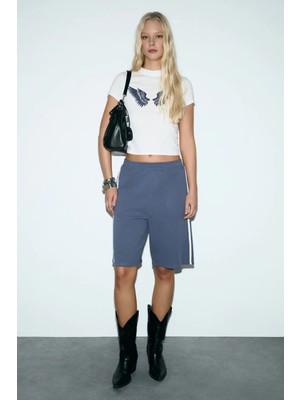 Grimelange LLEONA Kadın Şerit Detaylı Çift Cepli Organik Pamuklu Regular İndigo Şort