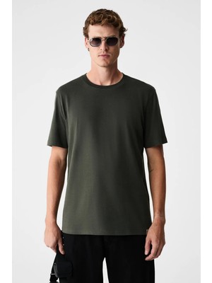 Grimelange Rudy Erkek %100 Organik Pamuk Nefes Alan Iç Göstermeyen Bisiklet Yaka Basic Haki T-Shirt