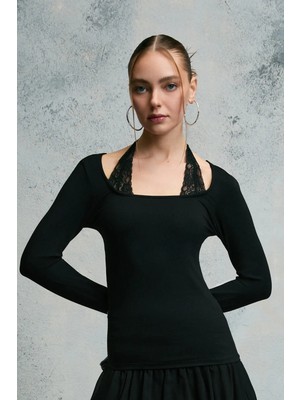 Grimelange FRIGLINTO Kadın Yumuşak Ve Esnek Kumaşlı Askılı Dantel Detaylı Slim Fit Siyah Bluz