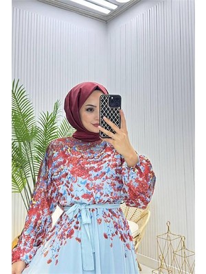 Dip Moda Kadın Şifon Astarlı Çiçek Desenli Tesettür Elbise NMS070