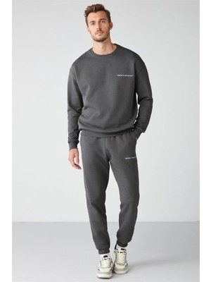 Grimelange Marshall Erkek Pamuklu Içi Polarlı Nakışlı Relaxed Gri Eşofman Takımı