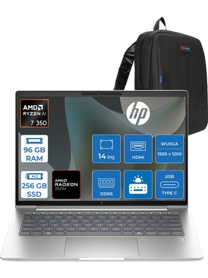 Hp Elitebook 6 G1A Next Gen Aı Amd Ryzen™ Aı 7 350 96GB Ddr5 256GB SSD 14" Inch Amd Radeon™ 860M Wuxga (1920X1200) IPS 300NITS Freedos Taşınabilir Bilgisayar D36SZETF31+ZETTAÇANTA