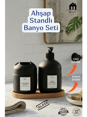 Muf Home Qlux Ideas Ahşap Standlı Mat Siyah Banyo Seti - Kolay Doldurulabilir Sabunluk ve Organizer Fırçalık