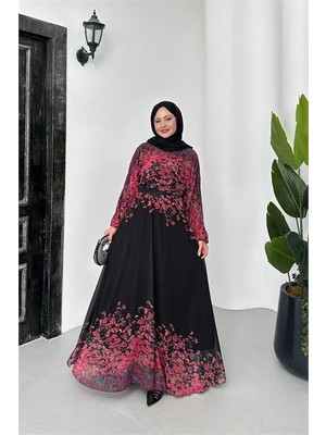 Dip Moda Kadın Şifon Astarlı Çiçek Desenli Tesettür Elbise NMS070