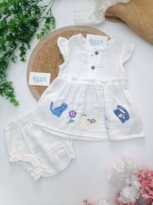 Overdo Kedili Nakış Işleme Müslin 2'li Takım Beyaz