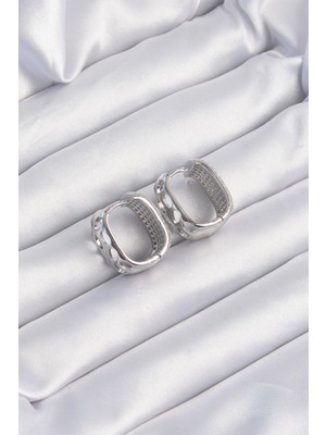 TE Dükkan Buğz Pirinç Gümüş Renk Zirkon Taşlı Minimal Halka Küpe - Buğz