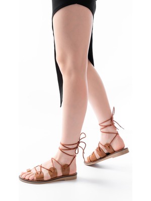 Zerenyus ZRİN-205-01 Premium Taba Bilekten Bağlamalı Ortopedik Hakiki Deri Kadın Sandalet