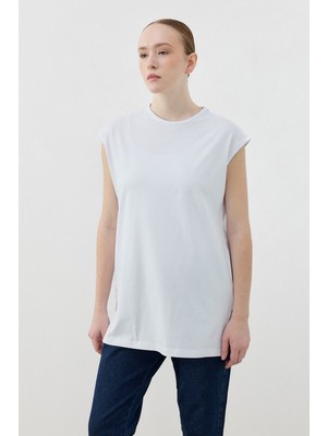 Merwishop Merwish Sıfır Kol Basic Pamuklu Tişört 1810 Beyaz