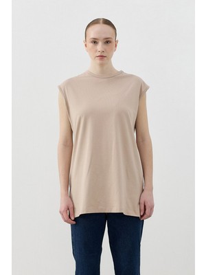 Merwishop Merwish Sıfır Kol Basic Pamuklu Tişört 1810 Vizon