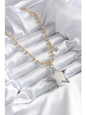 TE Dükkan Buğz Pirinç Gold Renk Topçuk Zincir Gümüş 3D Yıldız Model Yıldız Detay Vip Kadın Kolye - Buğz