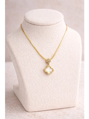 TE Dükkan Buğz Paslanmaz Çelik Yonca Kolye Model 5 – Gold Kaplama Zirkon Taşlı Zarif Tasarım | Kararmaz Kadın Kolyesi