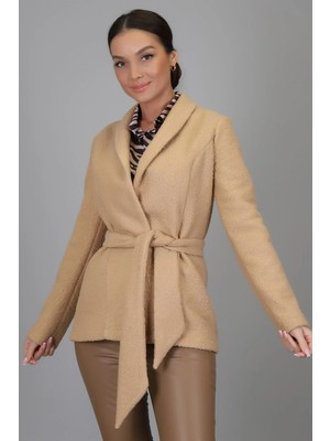 Sweetness Kadın Bej Buklet Kumaş Kemerli Astarsız Ceket