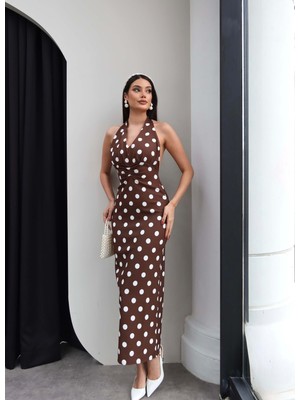 Esra Helvacı Puantiye Desen Boyun Kuşaklı Elbise